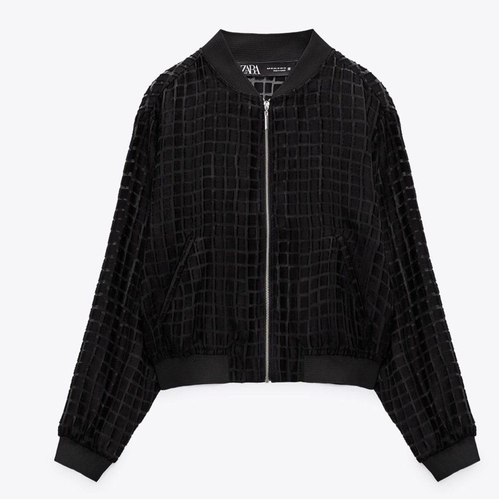 New Zara Semi-Sheer Textured Black Bomber Jacket